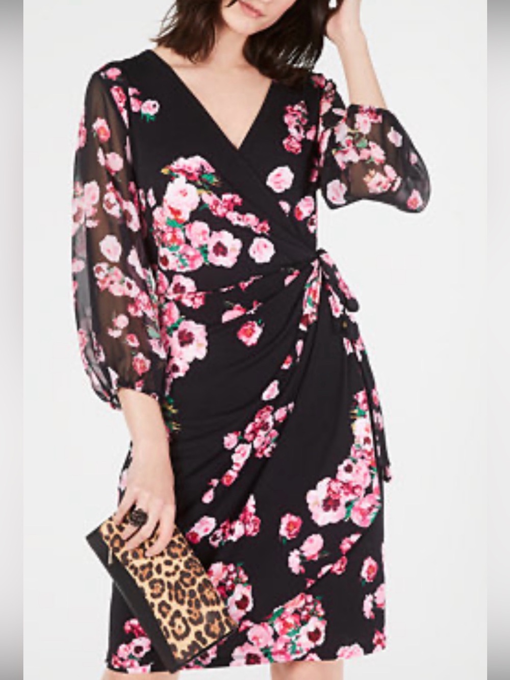 INC International Concepts Black Midi Wrap Dress with Pink Floral Print